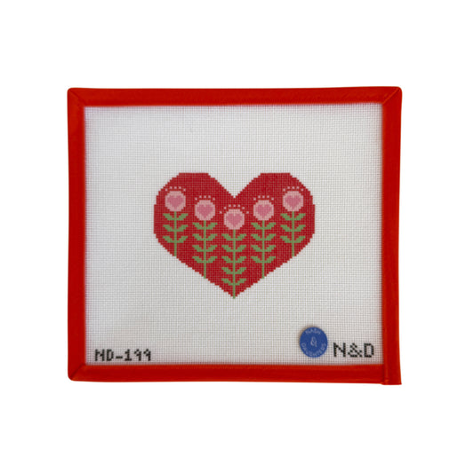 Block Print Red Heart with Flowers