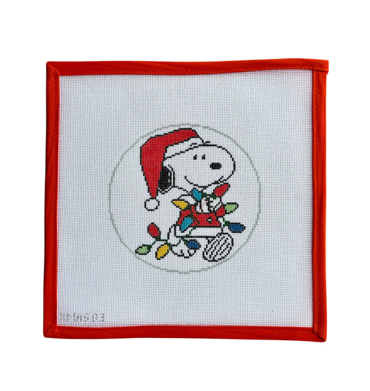 Snoopy in Santa Suit Tangled in Lights